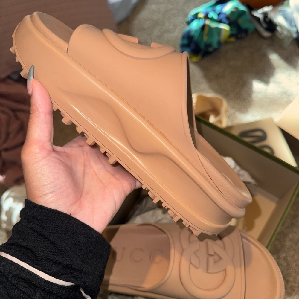 Gucci Tan Rubber Platform Slide Sandals